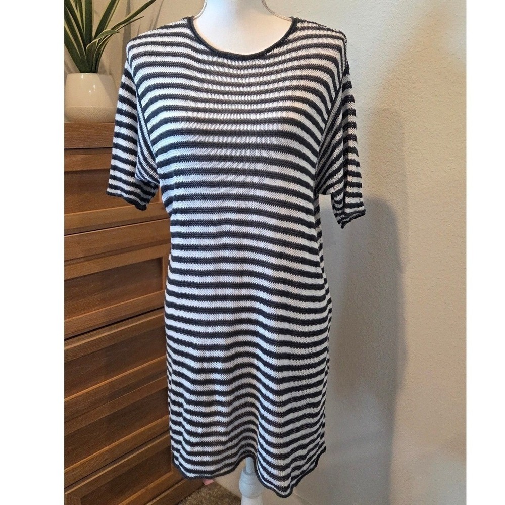 Eileen Fisher Striped Organic Linen Knit Tunic Navy White Coastal